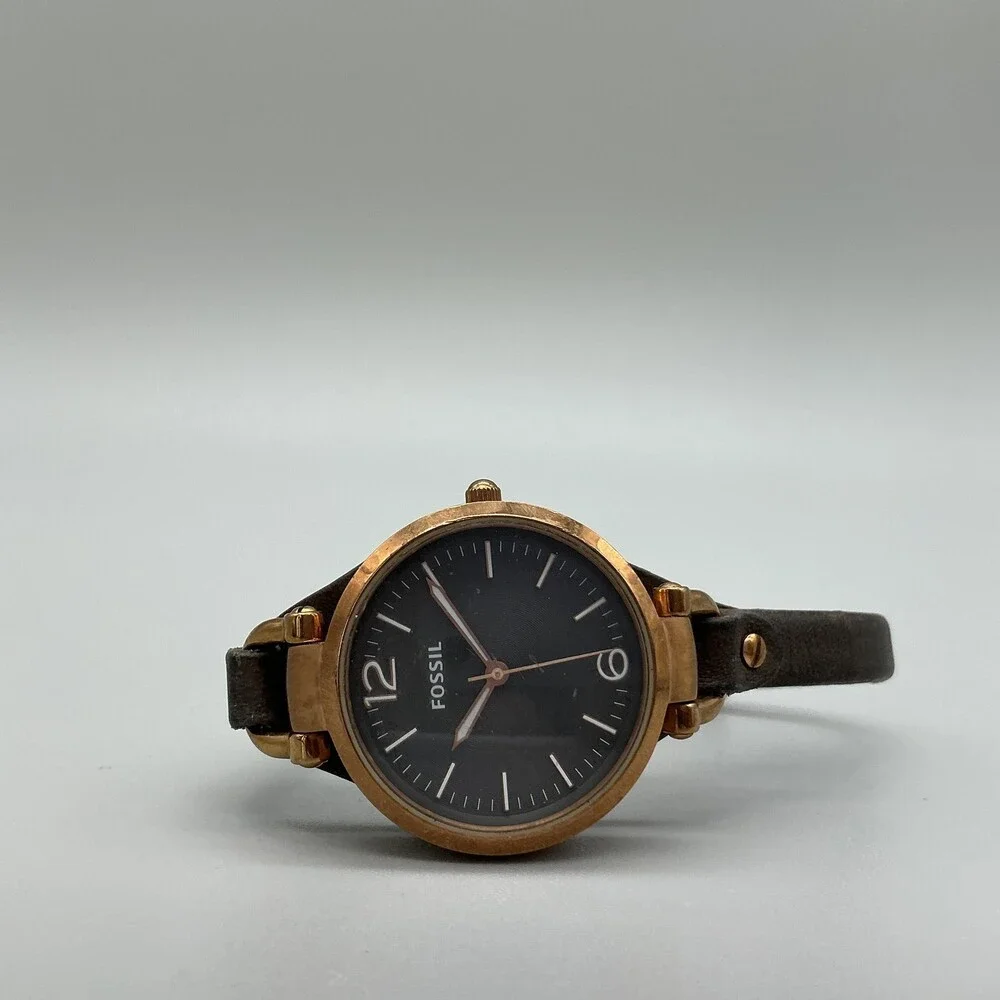 Fossil Georgia ES3077 Womens Watch 32mm Brown Leather Rose Gold Tone New Battery